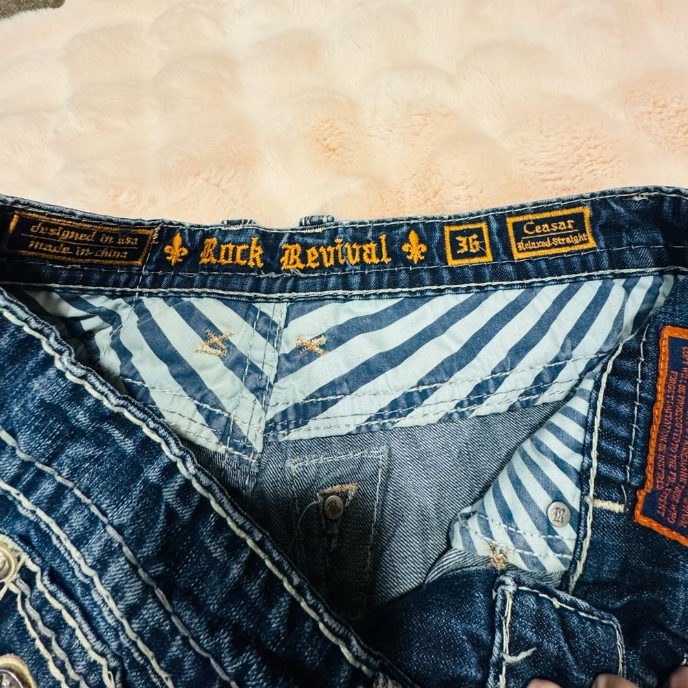 Rock Revival Men's Bootcut Jeans - Dark Blue Denim with Orange Logo - Picture 2 of 8